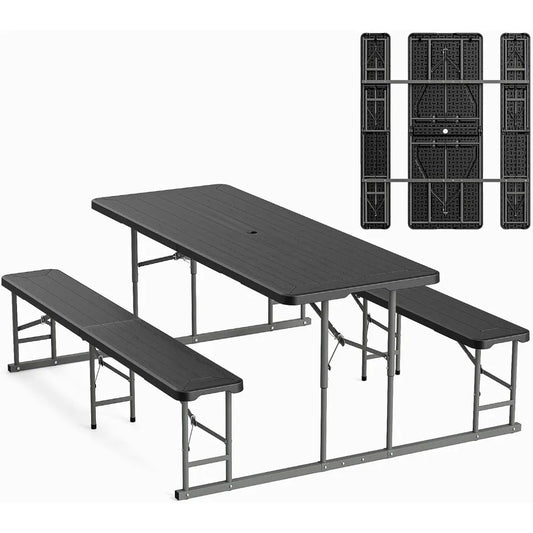 Folding Picnic Table and Bench Set, Portable Outdoor Dining Furniture for Camping, Patio, Backyard, Wood Grain Plastic