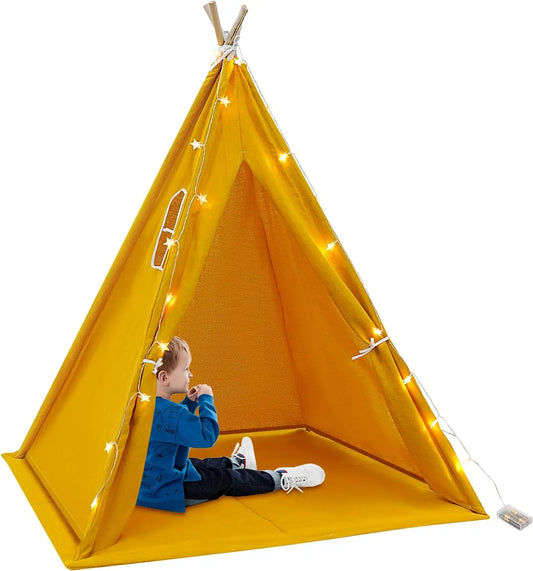 NEW Teepee Tent for Children, Children's Tent with Floor Mat and Fairy Lights, Foldable Cotton Play Tent, Playhouse for Indoor and Outdoor Use, 120 x 120 x 140 cm (Yellow)