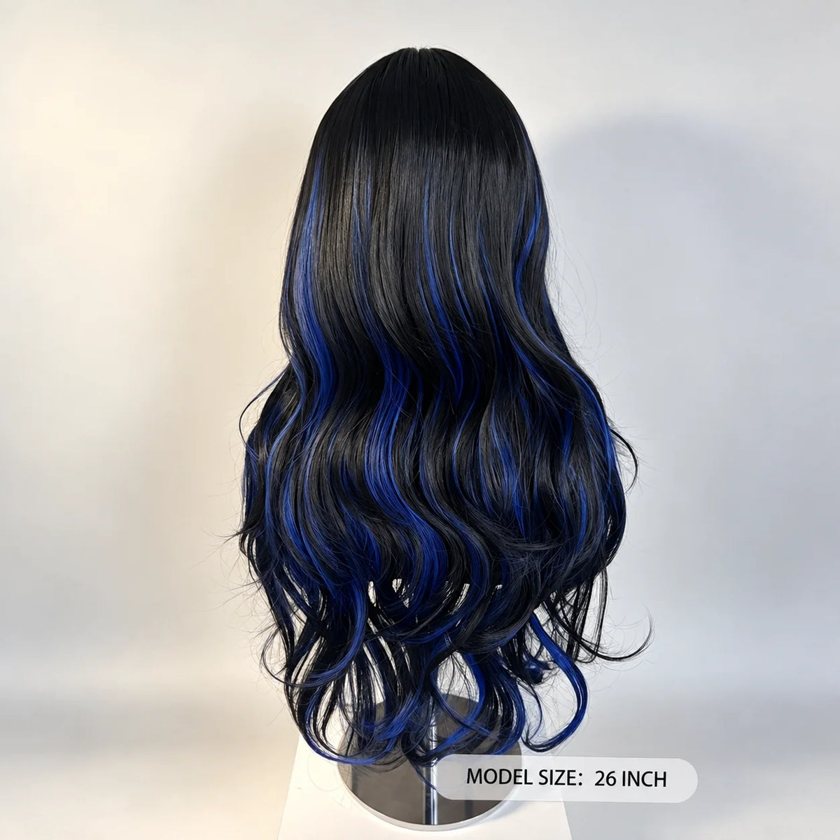 Halloween Wig 26-Inch Long Wavy Synthetic Wig Black and Blue Highlights Heat Resistant Wig for Women Black Wig with Blue Highlights Chemical Fiber Hair with Bangs Face Framing Cosplay Costume Party Goth Anime Daily Wear Soft