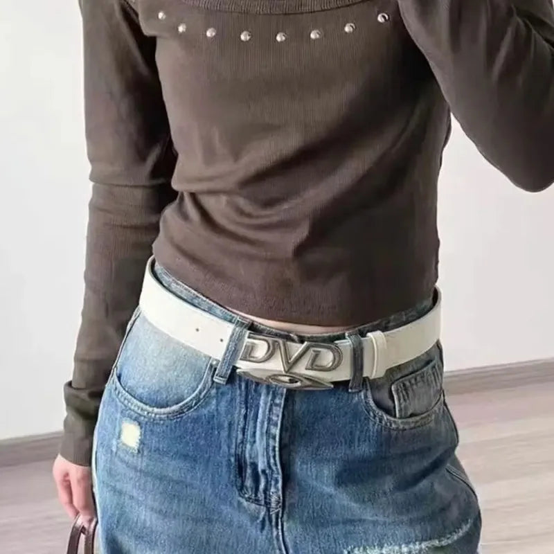 Unisex Nostalgic DVD Buckle Belt - White Black Jeans Decoration Waistband for Men & Women Perfect for Daily Wear & Party Outfits