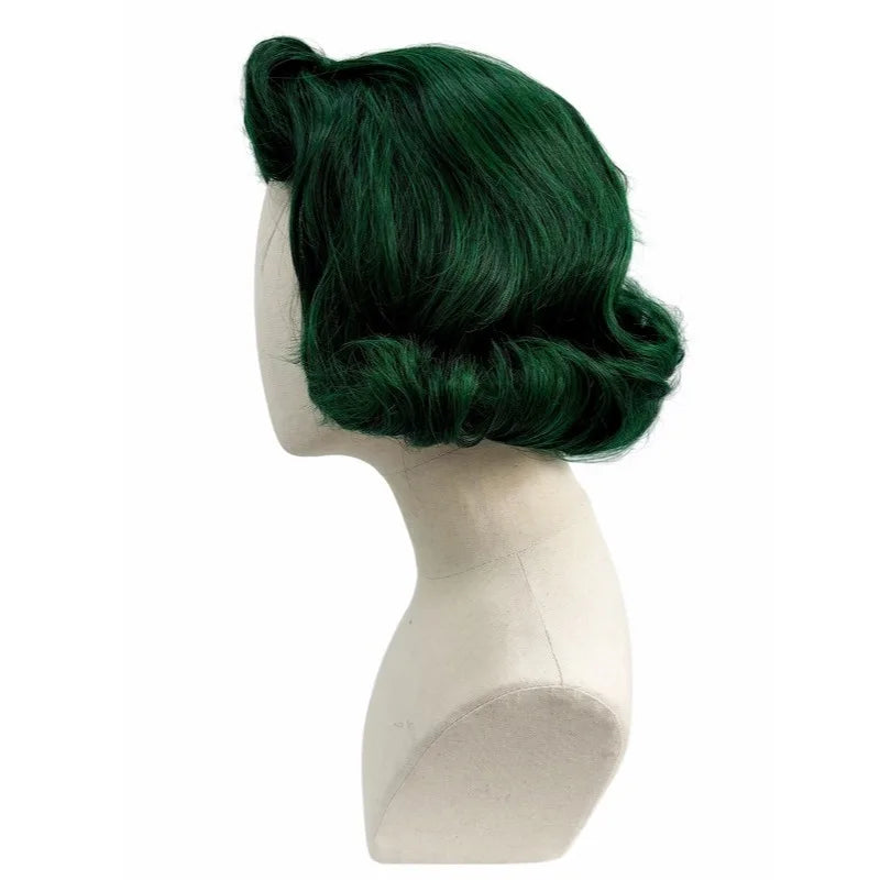 Dark Green Premium Synthetic Fiber Short Curly Wig with Bangs Cat Ears Top Bun Updo Fluffy Voluminous Retro Vintage Waves Inner Outer Curls Heat Resistant Adjustable Cap for  Cosplay Party Halloween Costume Role Play Stage Sh
