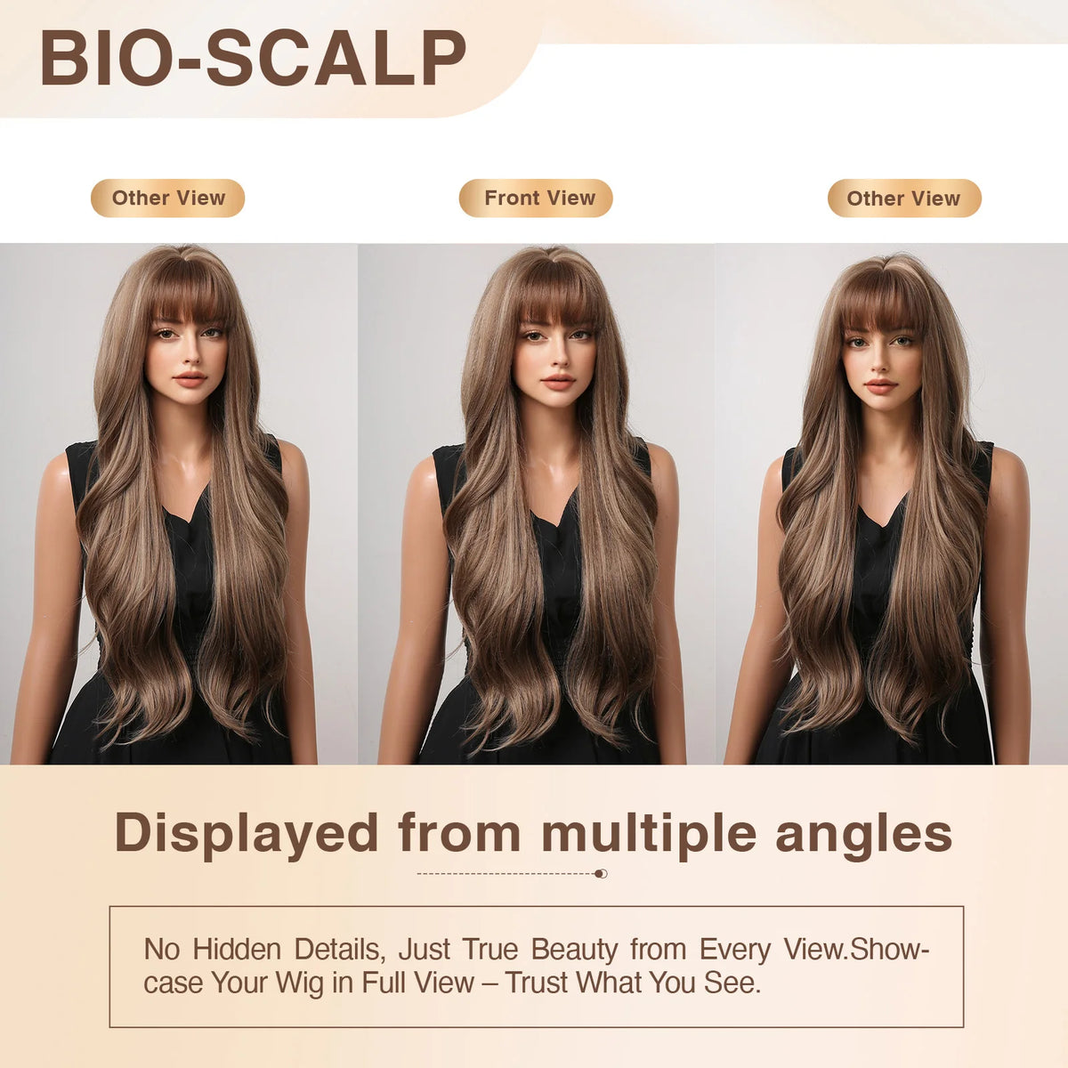 Halloween Wig TopShe Long Wave Wig with Bangs for Woman Brown Wig with Blonde Highlights Synthetic Wig Heat Resistant Loose Wave Daily Wear Natural Looking 28 Inch Ash Brown Layered Hair Soft Silky Natural Bio-Scalp Wigs