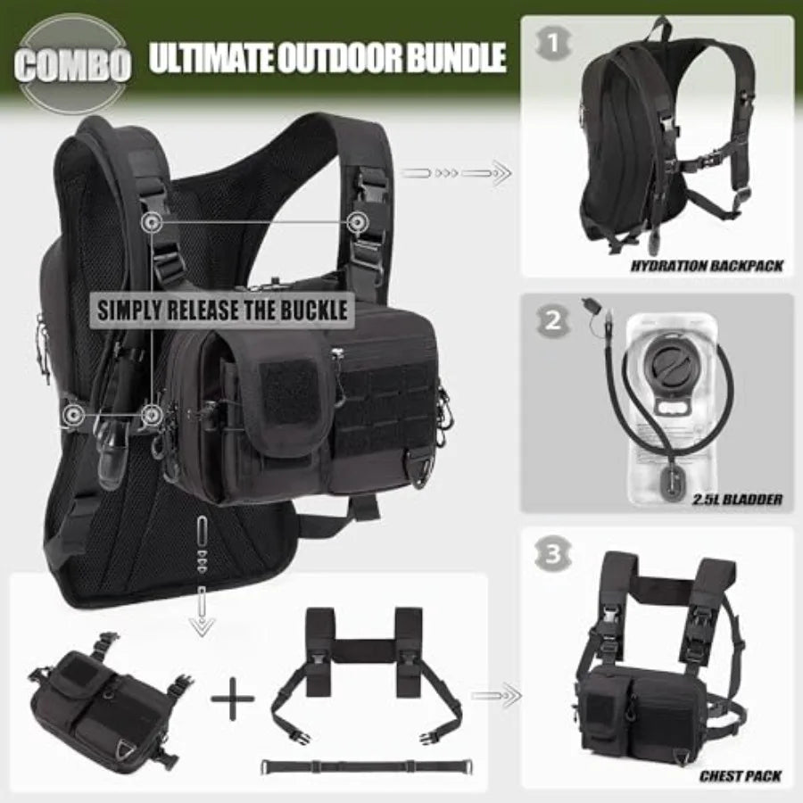 2-in-1 Hydration Backpack and Tactical Chest Pack with 2.5L Water Bladder Modular Molle Hydration Vest 500D Nylon Lightweight