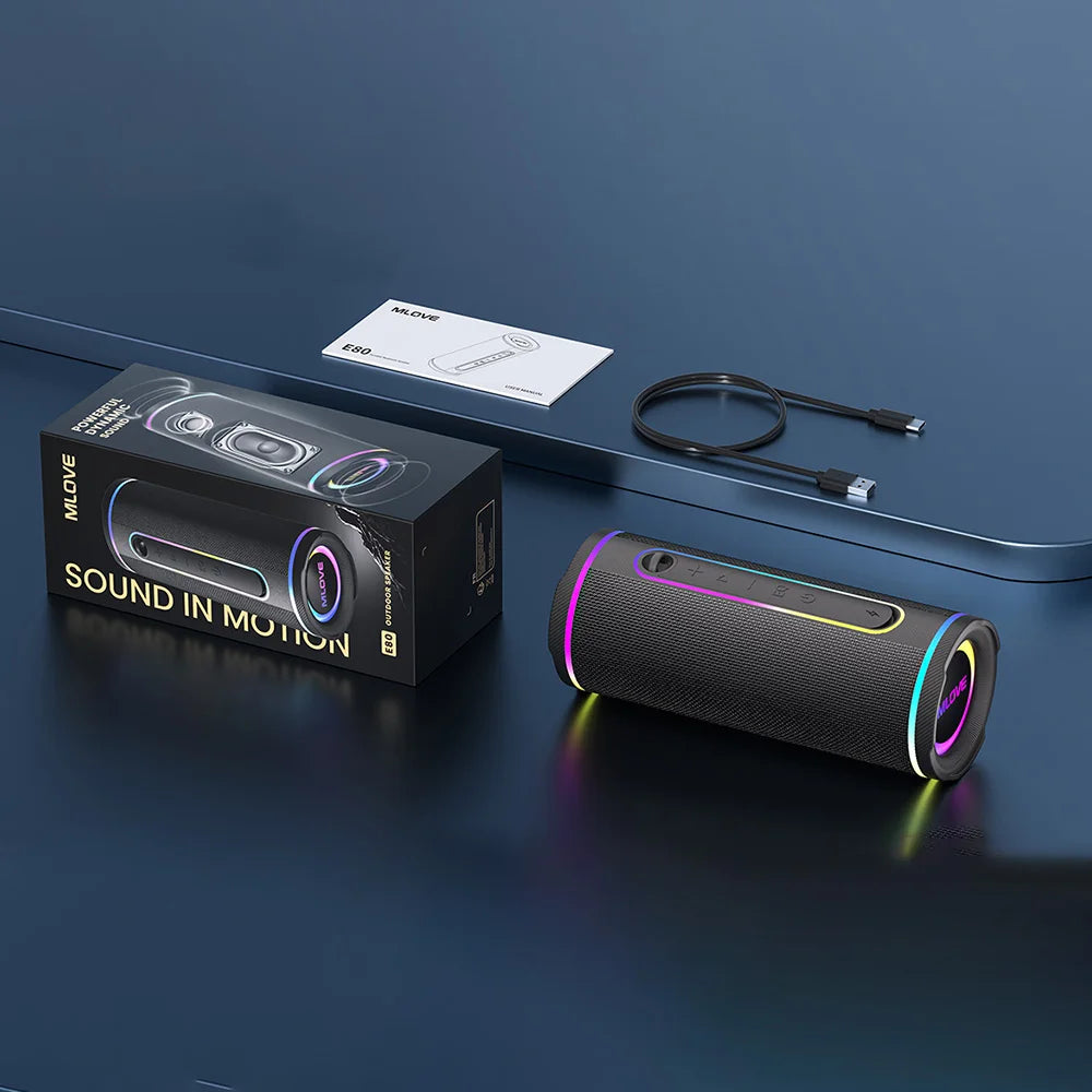 MLOVE E80 Portable Bluetooth Speaker – Powerful Dual Sound, Colorful RGB Lighting, Fully Waterproof (IPX7), TWS Enabled