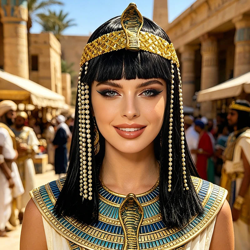 Black Cleopatra Wig Synthetic Straight Bangs Egyptian Queen Costume Wig Gold Snake Headband Bead Chains Halloween Cosplay Party