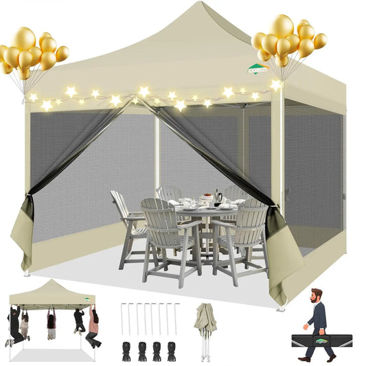 10x10 Heavy Duty Pop Up Canopy Tent with 4 Sidewalls Mosquito Netting Screen for Outdoor Camping Party Wedding Khaki,Custom