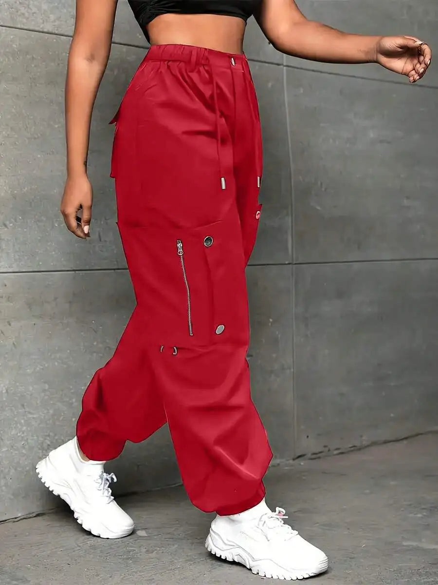 Plus Size Cargo Parachute Pants For Women, High Waist Baggy Fit Polyester Pants, Vibrant Red Streetwear Pants With Zipper