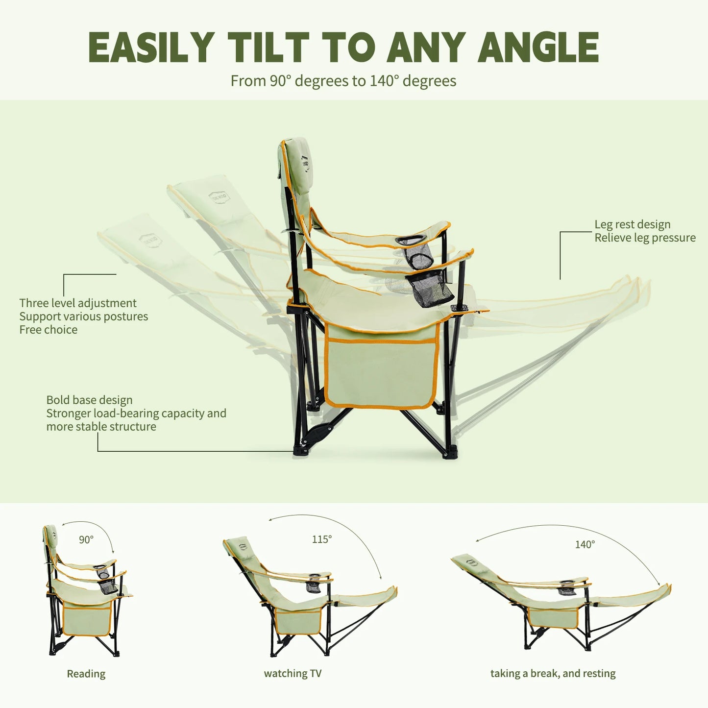 2-in-1 Reclining Camping Chair with Footrest, Foldable Outdoor Lounge Chair with Cup Holder & Headrest, Portable