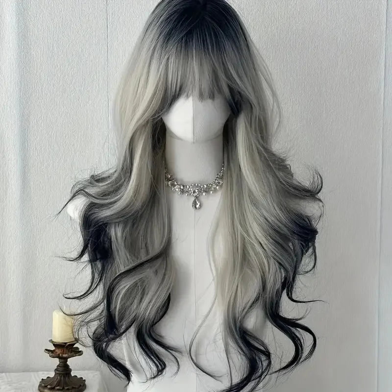 26-Inch Long Black And White Curly Waves Synthetic Hair Wig Soft Comfortable Rose Net for Everyday Parties Holidays