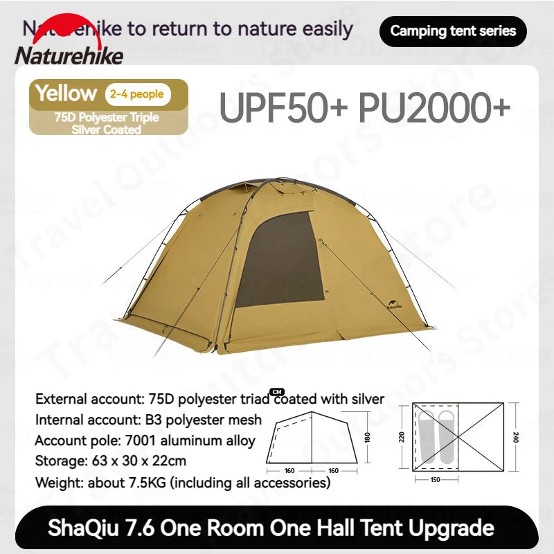 Naturehike Dune 7.6 Camping Tent 2 People 4 Season Tent Ultralight PU2000mm Outdoor Travel iking Tent With Chimney Screen Window