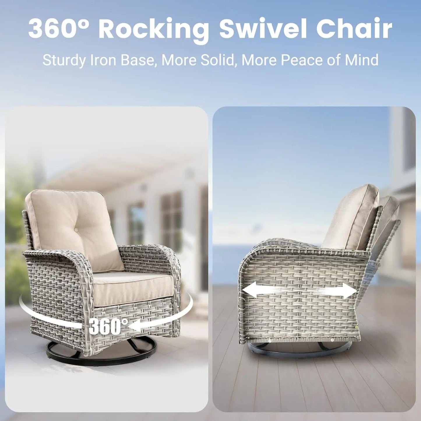 All-Weather Wicker Swivel Rocker Patio Chair Set of 2 with Coffee Table for Deck Porch Balcony Poolside, Customized