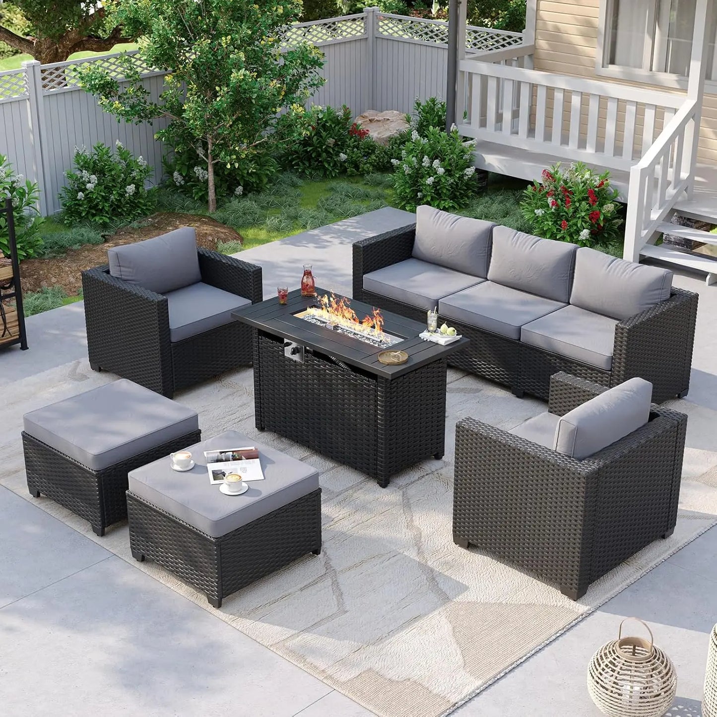 Patio Furniture Set with Fire Pit Table, 6 Piece Outdoor Furniture Set with Wicker Ottomans, Rattan Outdoor, Customized