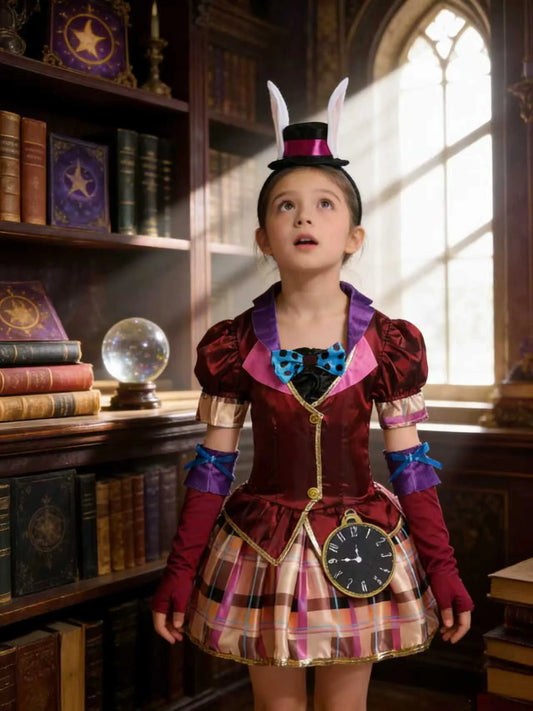 Girls vintage fancy dress costume set includes plaid skirt dress, mini top hat headband and matching arm sleeves, great for Halloween, tea party theme and kids cosplay activities.