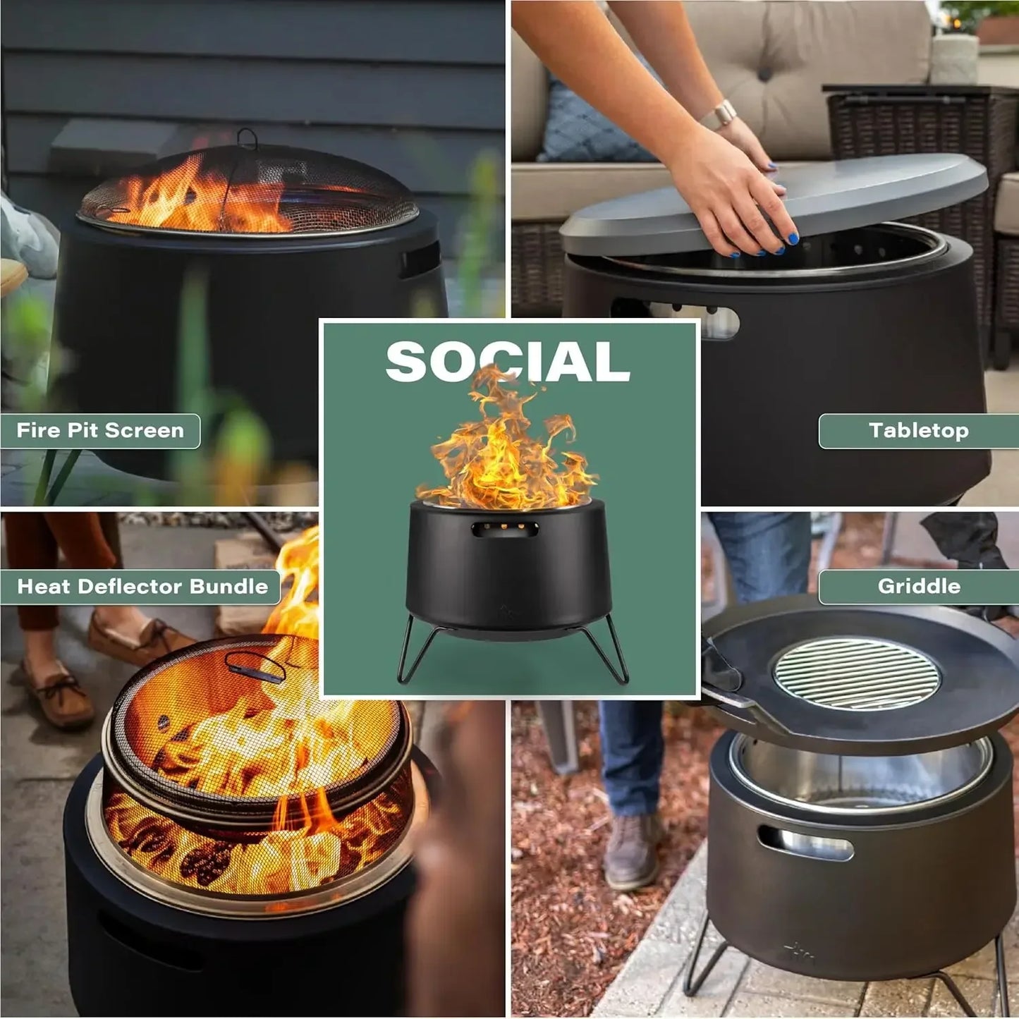 Bestseller[Limited Time Offer!]20-Inch Smokeless Social Fire Pit, Portable Outdoor Fire Pit with Removable Ash Base, Stand & Clo
