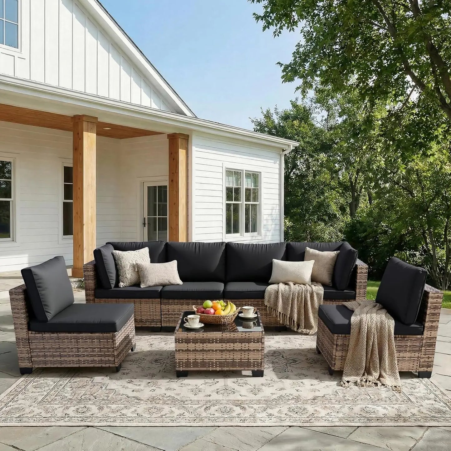 7 Piece Outdoor Wicker Patio Furniture Set, Rattan Sectional Sofa Conversation Set with Coffee Table & Cushions,