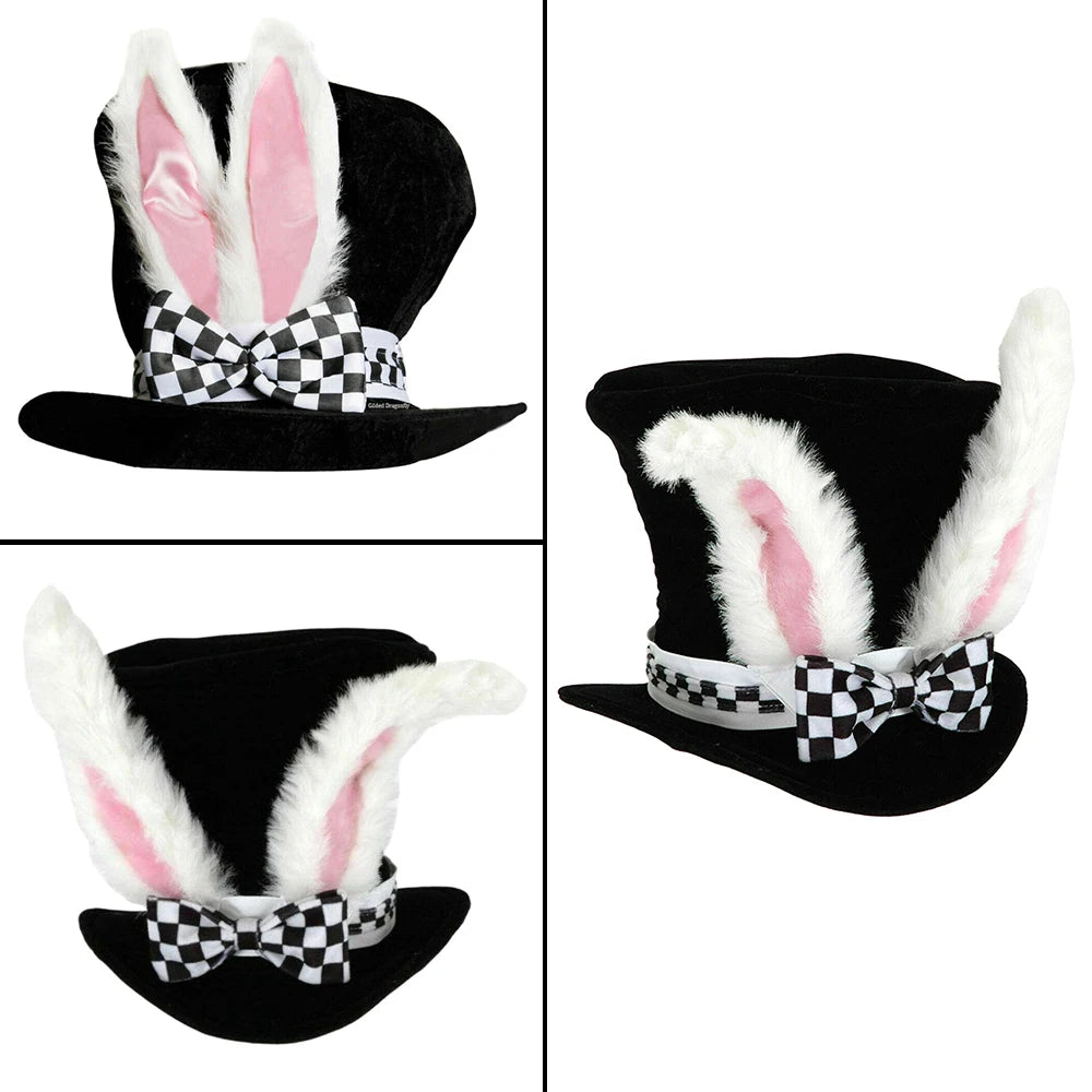 Alice in Wonderland White Rabbit Top Hat Plush Bunny Ears Black Velvet Tall Hat Checkered Bow Tie Cosplay Costume Hat for Halloween Easter Party Fancy Dress