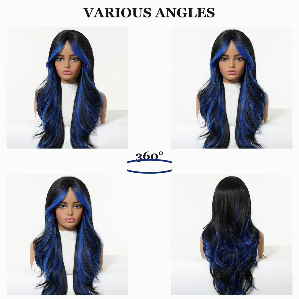 Halloween Wig Long Wavy Synthetic Wig Black and Blue Highlights 26 Inch Heat Resistant  Wigs for Women Black Wig with Blue Highlights Chemical Fiber Hair with Bangs Face Framing Cosplay Costume Party Goth Anime Daily Wear Sof
