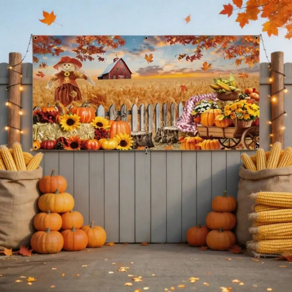 1pc Thanksgiving Fall Harvest Backdrop Banner, 157*71in Large Pumpkin Scarecrow Farm Barn Photo Background Cloth With Balloon Chain, Autumn Thanksgiving Day Party Wall Hanging Decor Supplies