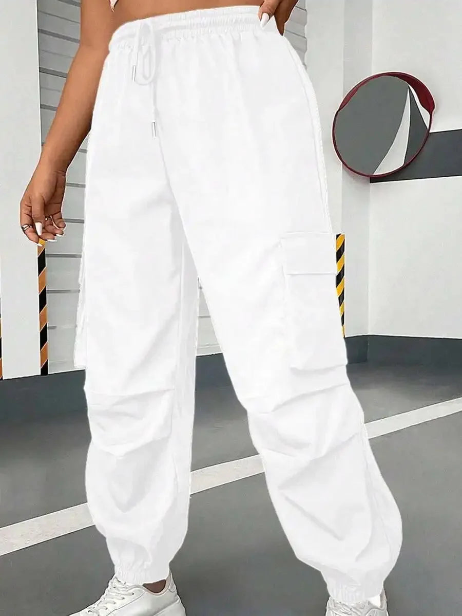 Flirla Plus Size Solid Color Drawstring Casual Cargo Pants With Pockets Fall Cloth For Women