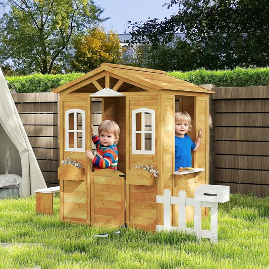 Outdoor Playhouse for Wooden Cottage with Working Doors Windows & Mailbox, Pretend Play House, Customized