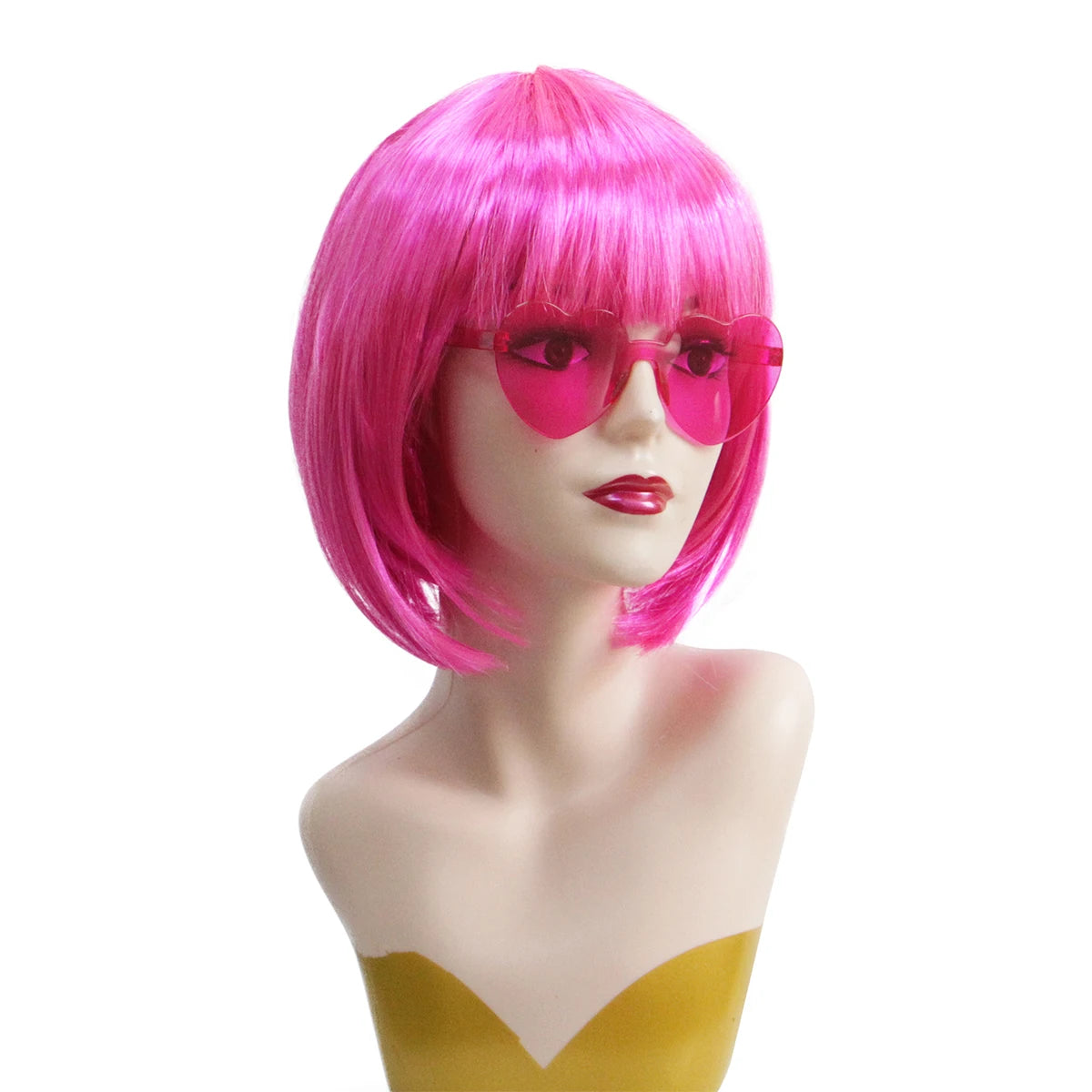 Hot Pink Bob Wig Synthetic Short Straight Bangs Heart Sunglasses Wig Cap Set Halloween Cosplay Costume Party Disco Bachelorette