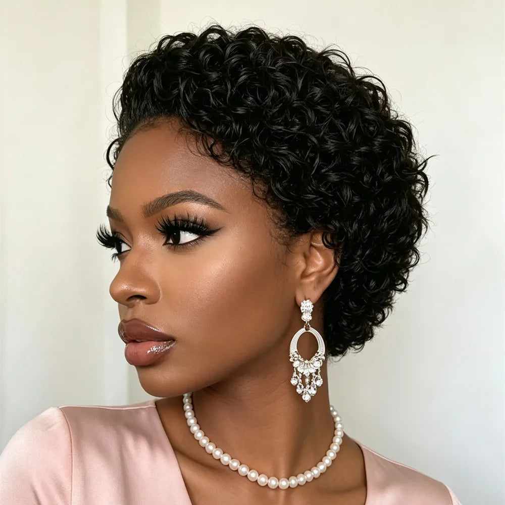 natural black color halloween gift  for women short curly wave 13x4 lace bob human hair wig pixie cut wig human hair wig