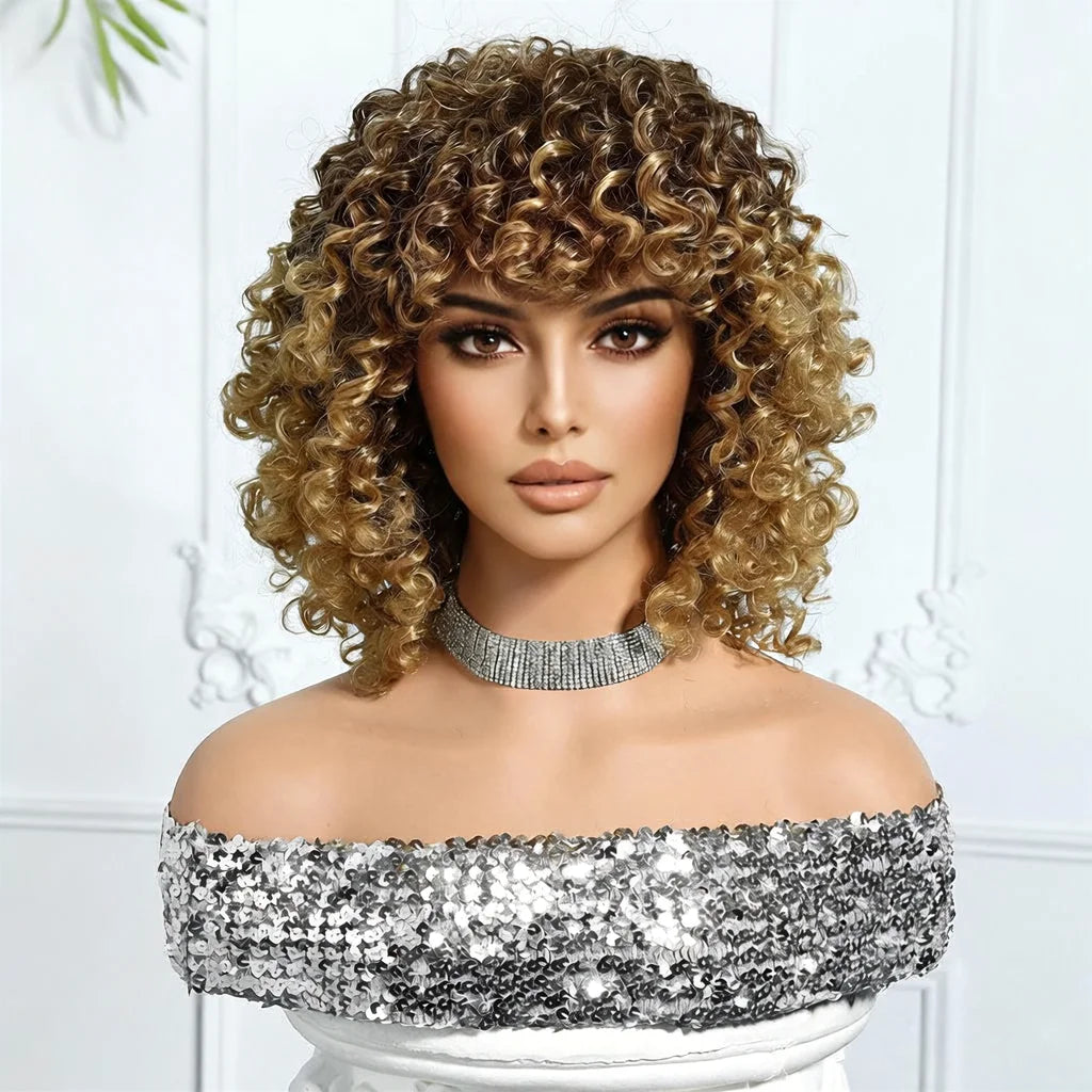 Halloween Wig TopShe 10In Goth Afro Puff Wig Brown Kinky Curl Women Synthetic Wigs Heat Resistant Short Kinky Curly Bob Wig with Bangs for Women's Daily Wear Suitable for Parties Cosplay Daily Wear