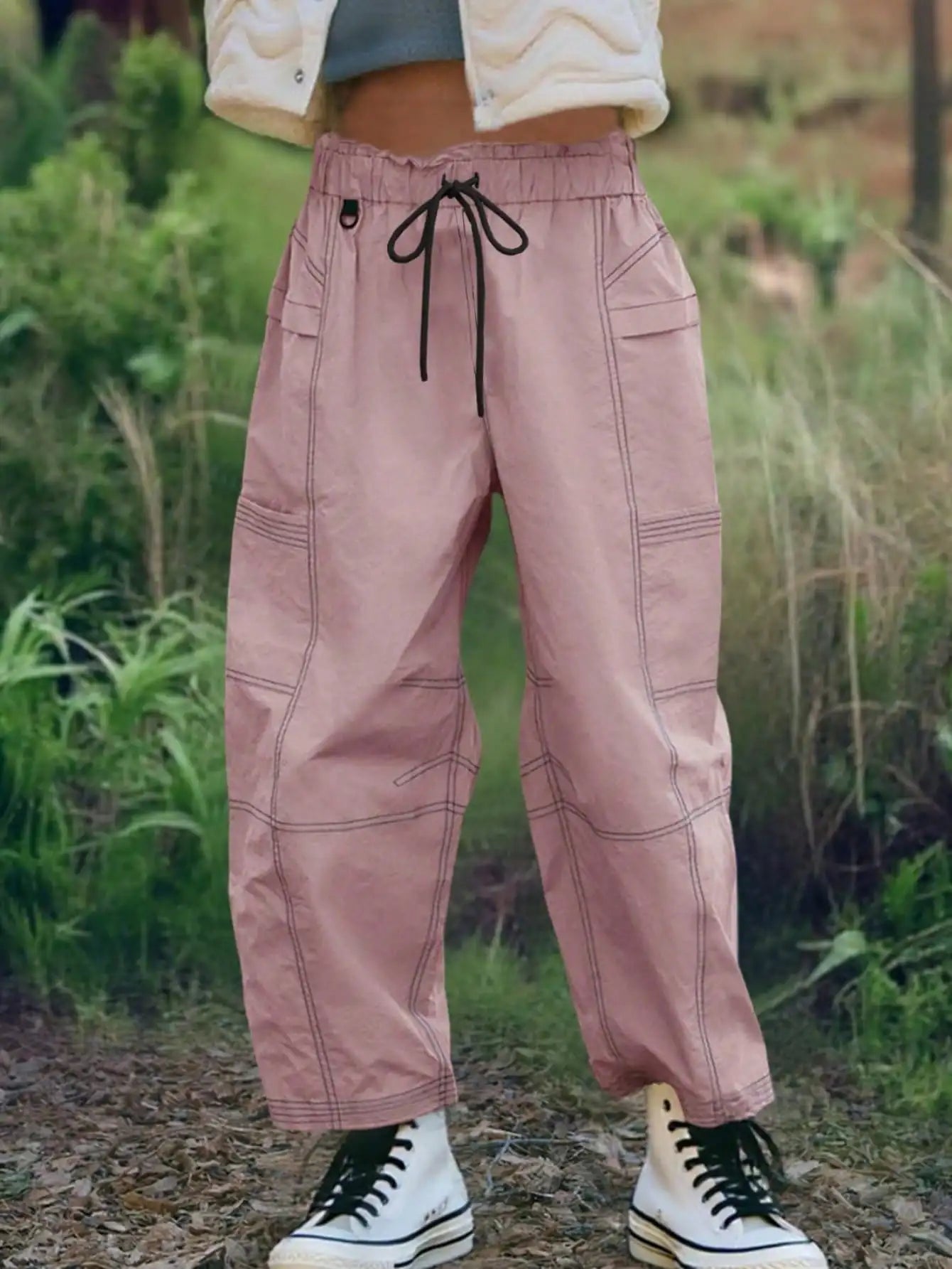 Women's Baggy Cargo Joggers With Pockets - Elastic Waist Lounge Pants  Loose Fit Casual Streetwear Sweatpants Hiking Track Pants
