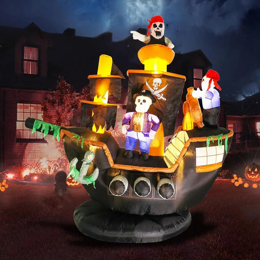 Outdoor Halloween Inflatable Decorations, 7ft Giant Pirate Ship Yard Decoration with Skeleton & Ghost Figures, Built-in LED Lights, Blow Up Lawn Ornament for Patio Party