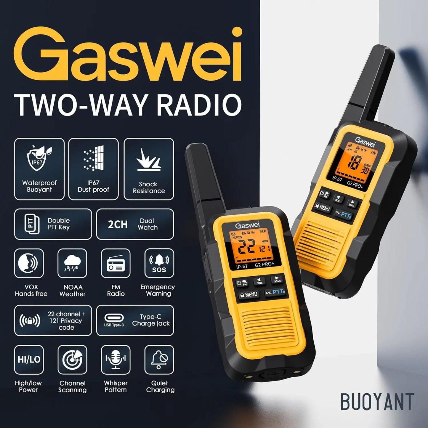 Waterproof Floating Walkie Talkies Long Range FRS Radios FM NOAA Weather Rechargeable Two Way Communication 2 Pack