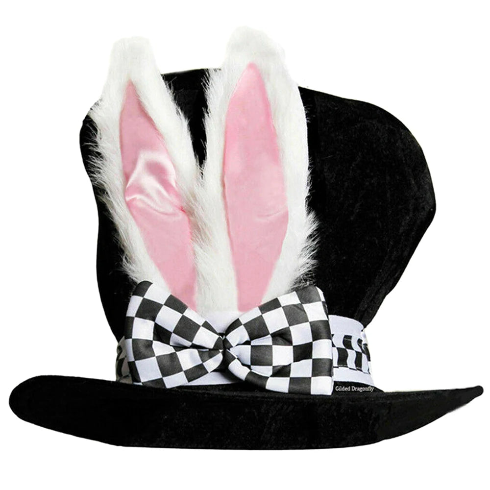 Alice in Wonderland White Rabbit Top Hat Plush Bunny Ears Black Velvet Tall Hat Checkered Bow Tie Cosplay Costume Hat for Halloween Easter Party Fancy Dress
