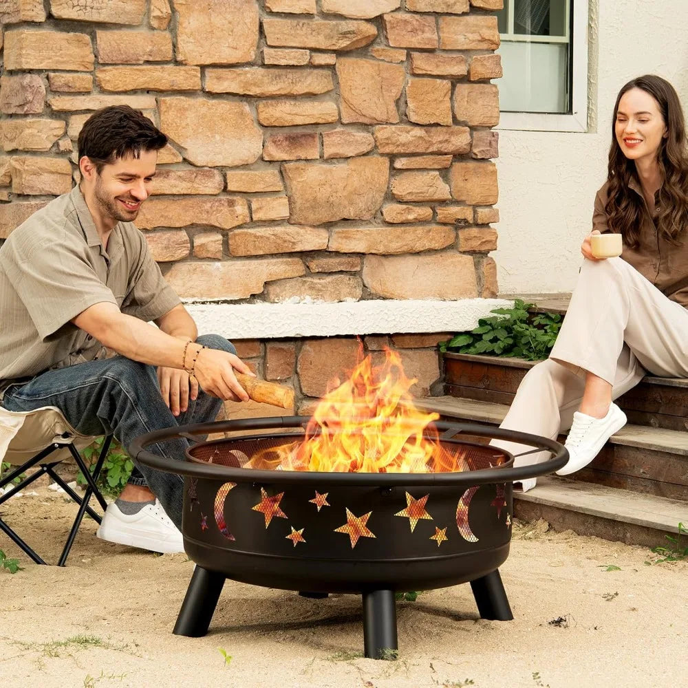 32 Inch Round Fire Pit with Mesh Cover, Fire Poker, Star and Moon Design, Metal Wood Burning Outdoor Firepit for Patio