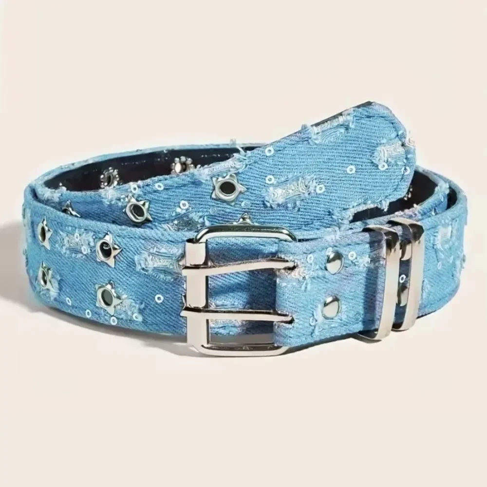 1PC New Fashion Luxury Belt Black Punk Accessories Blue Denim Girdle HipHop Y2k Star Hollowed Pin Buckle Waistband，For Men Women