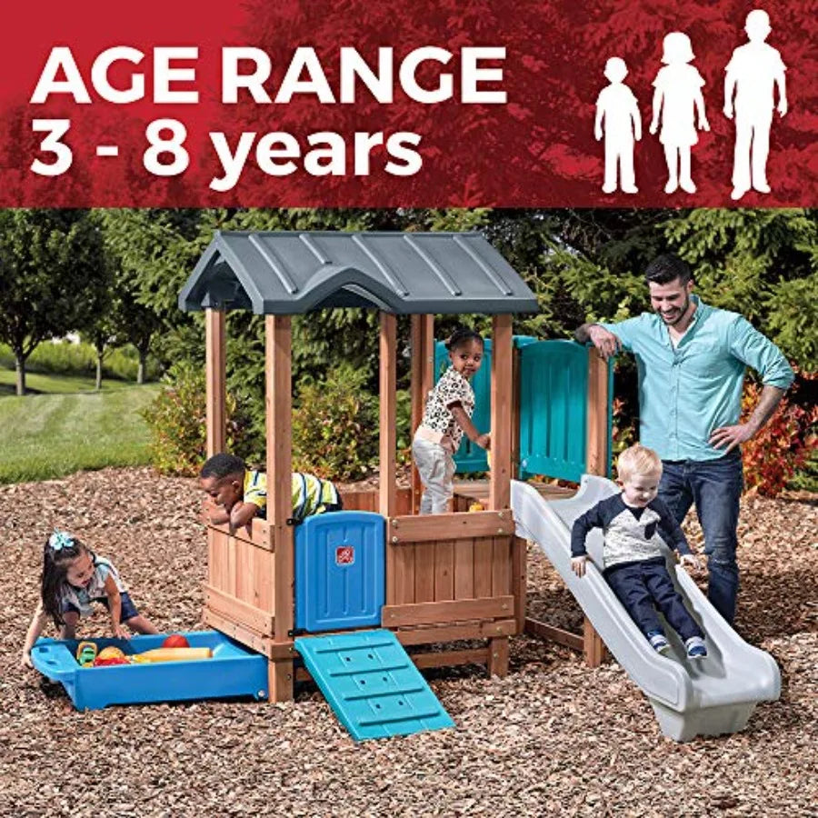Woodland Adventure Playhouse & Slide, Kids Outdoor Playset, Backyard Playground Set, Swings, Storage Drawer, Made of Wood & Dura