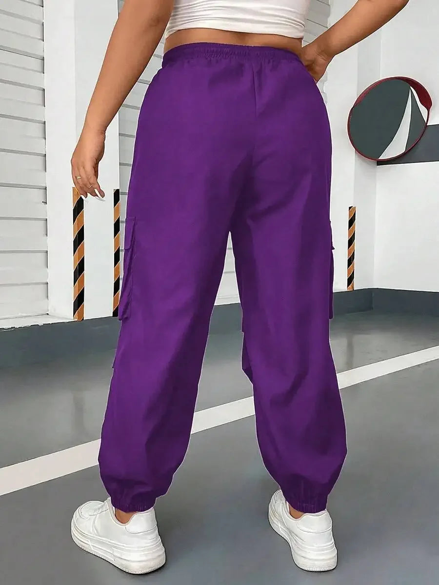 Flirla Plus Size Solid Color Drawstring Casual Cargo Pants With Pockets Fall Cloth For Women