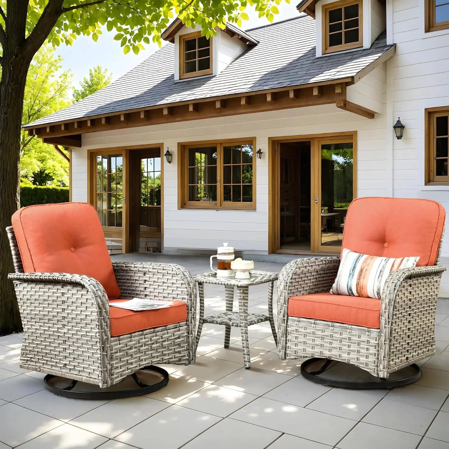 All-Weather Wicker Swivel Rocker Patio Chair Set of 2 with Coffee Table for Deck Porch Balcony Poolside, Customized