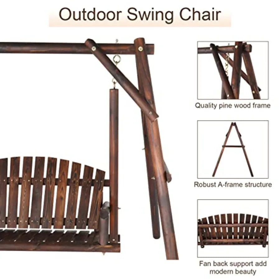 Patio Porch Swing Set 67in Wood Log Swing Stand with Bench Loveseat Stable A-Frame for Patio Backyard Deck Carbonized