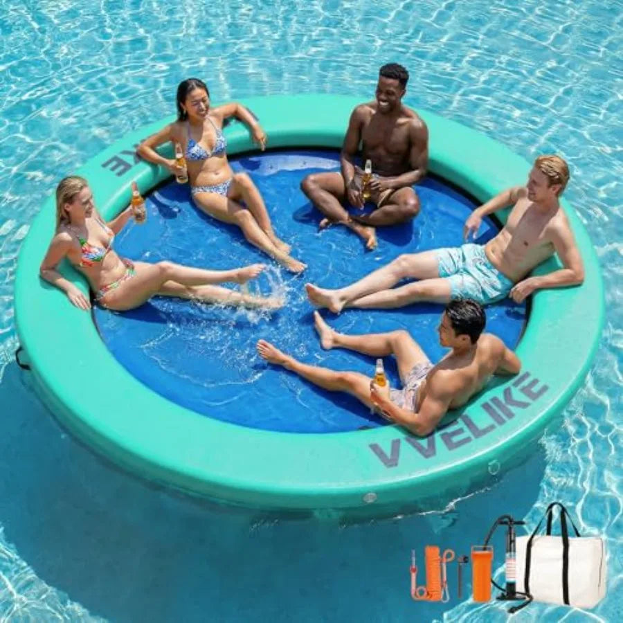 Inflatable Floating Water Hammock for Adults Large Size Round Ring Floaties Swim Deck Platform Lake Island Boat Pool Rafts Blue