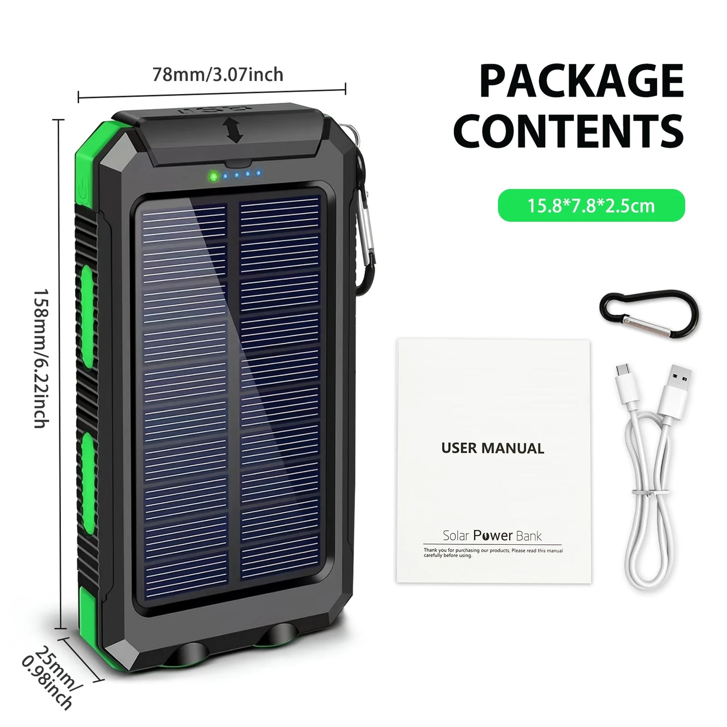 30000mAh Portable Solar Power Bank External Battery Waterproof Dual 5V 1A USB Ports LED Flashlight for iPhone Samsung Tablets