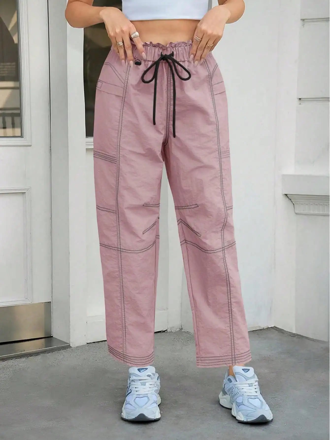 Women's Baggy Cargo Joggers With Pockets - Elastic Waist Lounge Pants  Loose Fit Casual Streetwear Sweatpants Hiking Track Pants