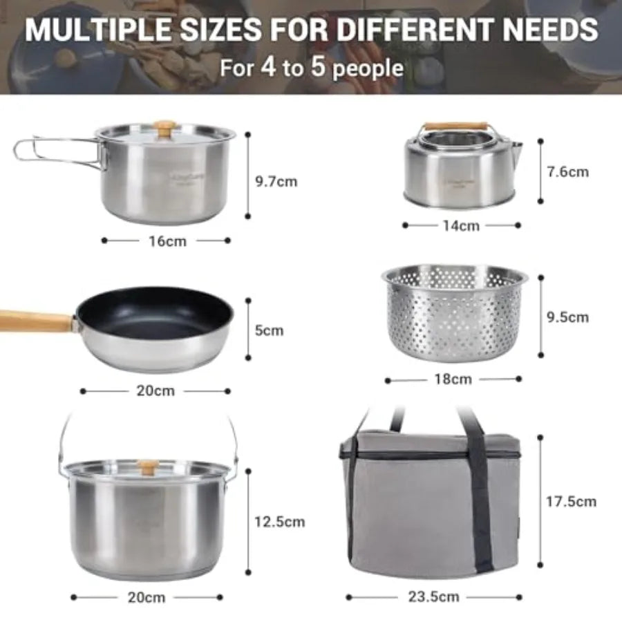 Camping Cookware Set 304 Stainless Steel Campfire Cooking Pots Pan and Kettle with Travel Tote Bag for Camping Outdoor Kitchen