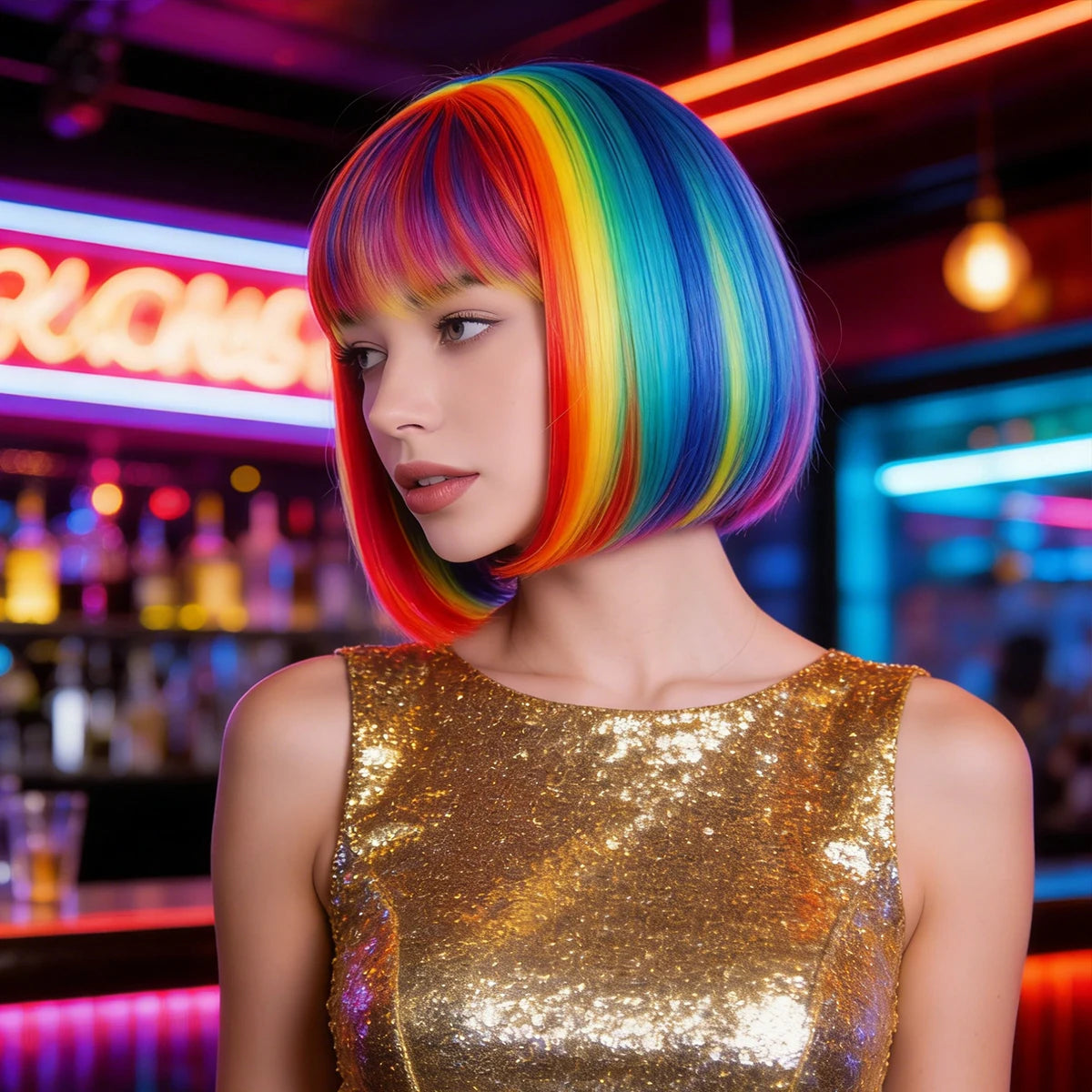 Rainbow Bob Wig Synthetic Short Straight Bangs Multi Color Cosplay Costume Wig Halloween Party Carnival Pride Parade Anime