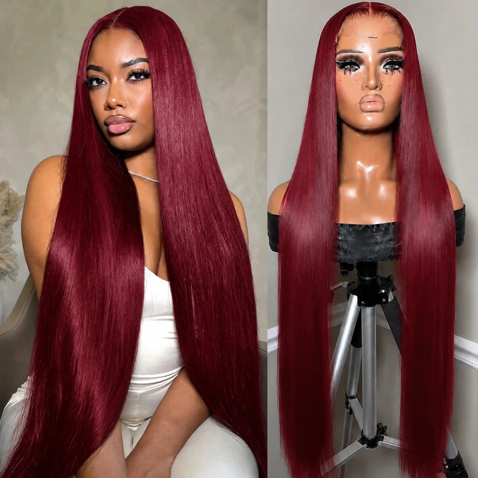 38inch 13x6 HD Lace Front Wig 99J Red Burgundy Colored Human Hair Wigs Straight Human Hair Wigs Transparent Lace Frontal Wigs