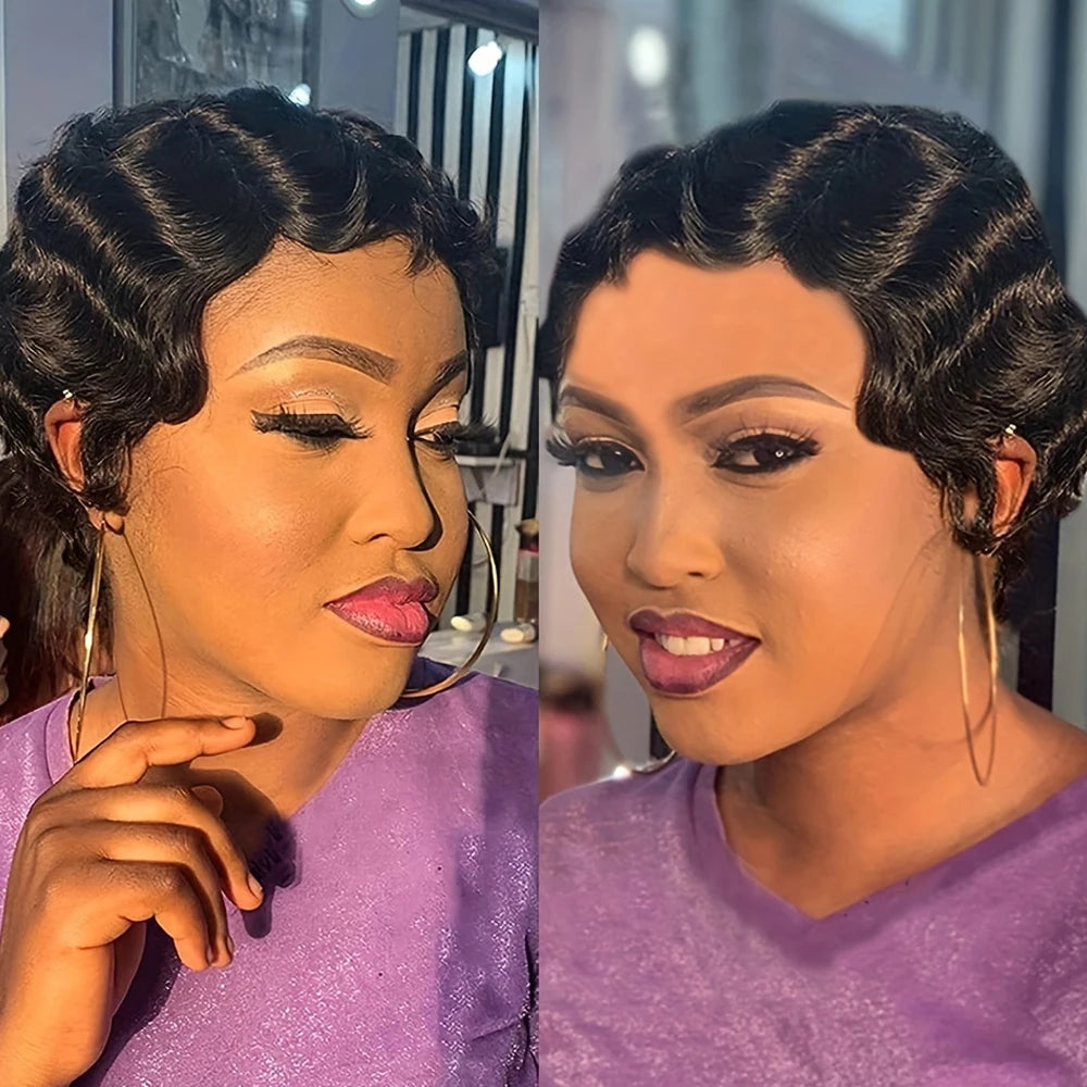 Finger Wave Wig Short Mommy Hair Curly Wigs for Black Women Lady Wig Cosplay Costume Halloween Party Pixie Cut Wig Human Hair