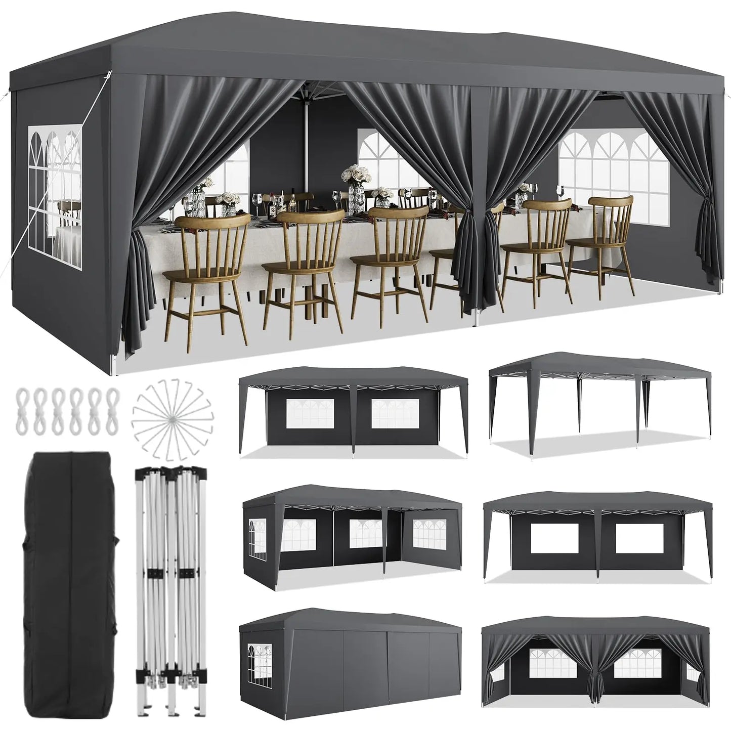 10x20 Pop Up Canopy Tent With 6 Removable Sidewalls, Heavy Duty Commercial Canopy, Waterproof Party Tent, 3 Heights