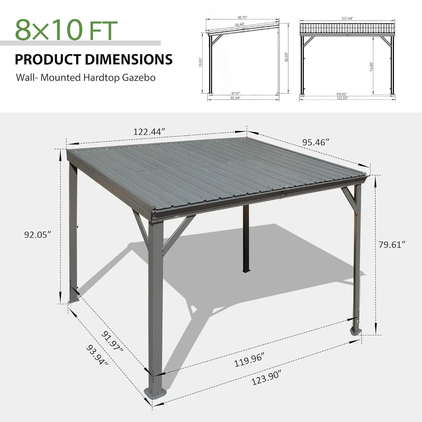 8x10 Wall Mounted Hardtop Gazebo Pergola Gutters Galvanized Steel Roof 60MPH Wind Resistance Outdoor Metal Awning Patio Custom