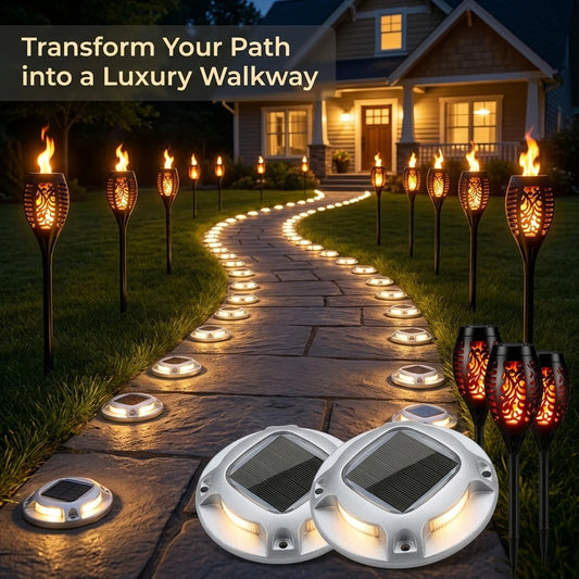 Solar Outdoor Lights Set: Flickering Flame Torch Lights & Round Warm White Ground Lights for Garden Pathway, Lawn Landscape Lighting, Waterproof LED S-Curve Path Guide Lights for Yard, Driveway, and Courtyard Night Atmosphere