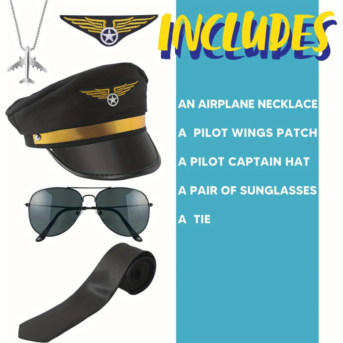 Creations Airline Pilot Captain Costume Kit 5 PCS Pilot Dress up Accessory Set with Sunglasses Tie Piot Hat Wings Patch and Necklace for Halloween Themed Dress Up Party
