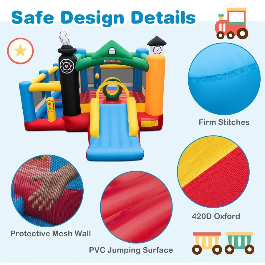Inflatable Bounce House Train Theme Jumping Castle with Slide Ball Pit Basketball Rim for Indoor Outdoor Use Fun and Safe Inflatable