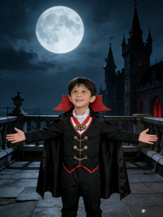 Boys gothic vampire full costume with pointed collar cloak, ornamental vest and matching pants, ideal for Halloween horror theme role play and carnival dressing up